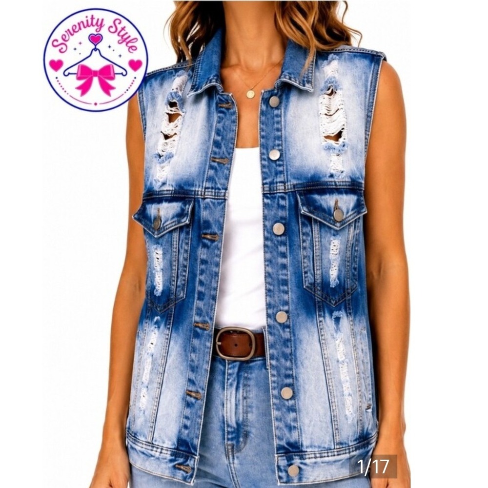POL Distressed Denim Vest Womens Small Plaid Lined Oversized Grunge Western